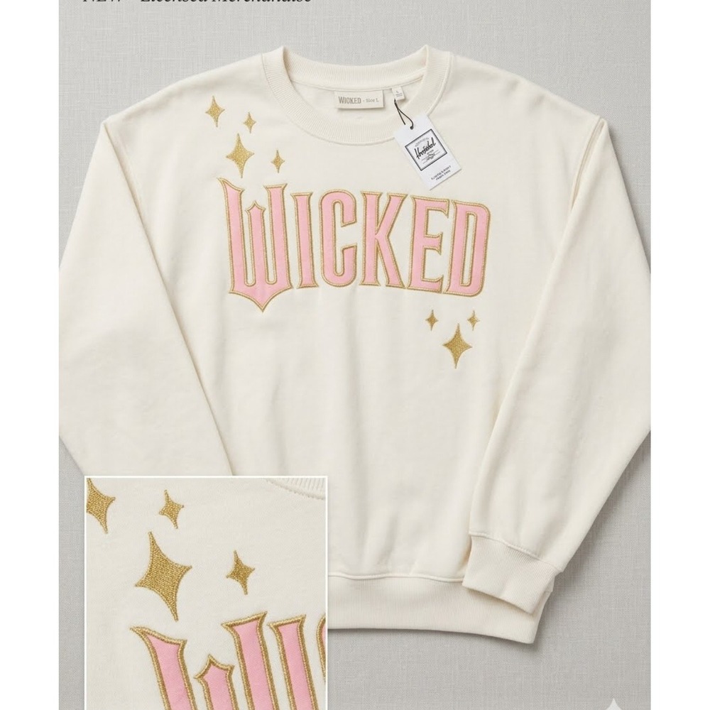 Wicked Movie Universal Studios Sweatshirt Cream Pink Gold Logo Large